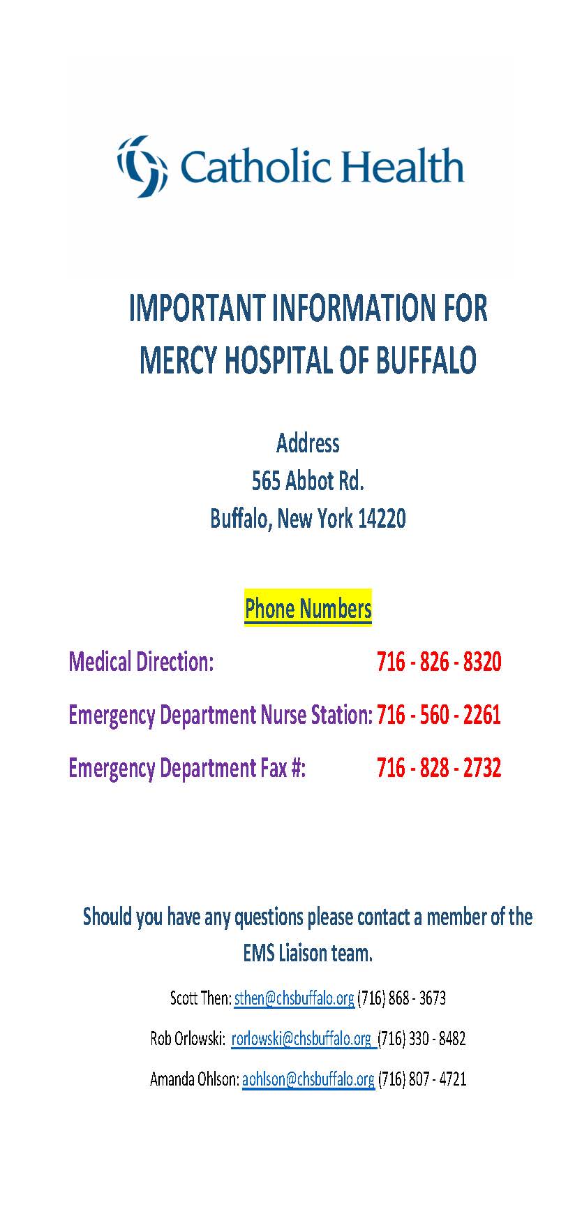 Mercy Hospital of Buffalo Contact Info – UB|MD Emergency Medicine EMS ...